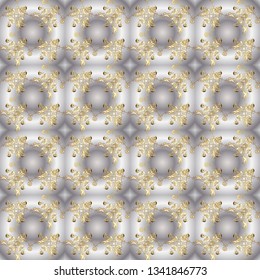 Golden element on gray and neutral colors. Golden outline floral decor. Vector illustration for invitations, cards, web page. Line art seamless border for design template. Eastern style element.