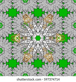 Golden element on green background. Gold green floral ornament in baroque style. Damask pattern repeating background. Antique golden repeatable wallpaper.