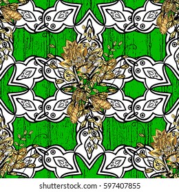 Golden element on green background. Gold Wallpaper on texture background.Damask pattern repeating background. Gold green floral ornament in baroque style.