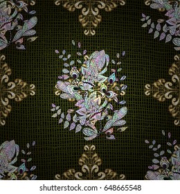 Golden element on green background. Gold Wallpaper on texture background.Damask pattern repeating background. Gold floral ornament in baroque style.