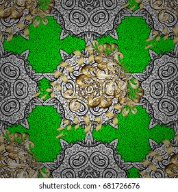 Golden element on green background. Gold Wallpaper on texture background.Damask pattern repeating background. Gold green floral ornament in baroque style.