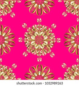 Golden element on magenta, beige, brown colors. Vector illustration for invitations, cards, web page. Eastern style element. Line art seamless border for design template. Golden outline floral decor.