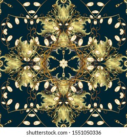 Golden element on neutral and blue colors. Luxury, royal and Victorian concept. Ornate vector decoration. Vintage baroque floral seamless pattern in gold over neutral and blue.
