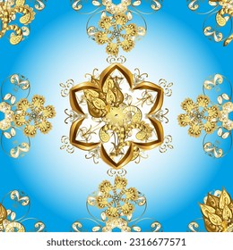 Elemento dorado en colores neutros, azules y amarillos. Ornamento dorado floral de estilo barroco. Patrón dorado sin costuras. Fondo de Damasco.