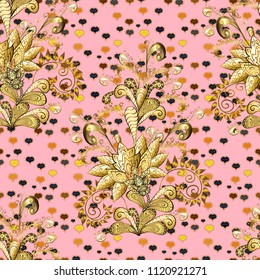 Golden element on a neutral, brown and yellow colors. Golden floral seamless pattern. Gold floral ornament in baroque style. Damask background.