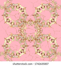 Golden element on neutral and white colors. Damask seamless repeating pattern. Gold floral ornament in baroque style. Antique golden repeatable wallpaper.