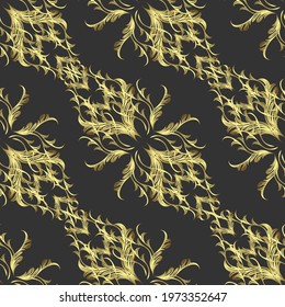Golden element on neutral, yellow and gray colors. Damask pattern repeating background. Gold neutral, yellow and gray floral ornament in baroque style. Antique golden repeatable wallpaper.