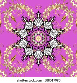 Golden element on pink background. Golden outline floral decor. Eastern style element. Vector illustration for invitations, cards, web page. Line art border for design template.