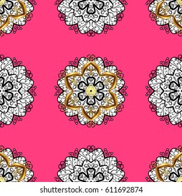 Golden element on pink background. Gold pink floral ornament in baroque style. Seamless pattern.