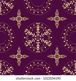 Golden element on purple, brown and beige colors. Damask seamless repeating background. Gold Wallpaper on texture background. Gold floral ornament in baroque style.