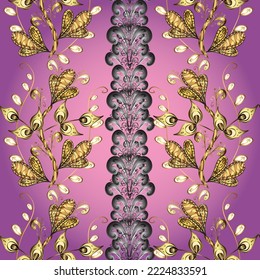 Golden element on purple, gray and pink colors. Damask seamless repeating pattern. Antique golden repeatable wallpaper. Gold floral ornament in baroque style.