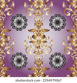 Golden element on purple, neutral and gray colors. Vintage baroque floral seamless pattern in gold over purple, neutral and gray. Ornate vector decoration. Luxury, royal and Victorian concept.