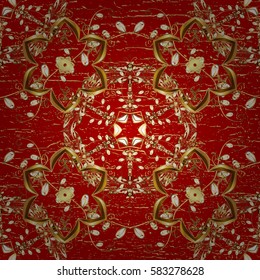 Golden element on red background. Vector illustration for invitations, cards, certificate, web page. Vector line art border for design template. Golden outline floral decor. Eastern style element.
