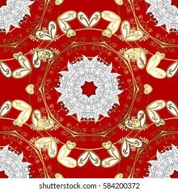 Golden element on red background. Golden floral wallpaper. Gold red floral ornament in baroque style. Damask background. Seamless pattern.