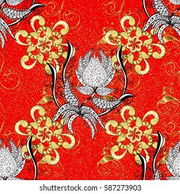 Golden element on red background. Antique golden repeatable wallpaper. Gold floral ornament in baroque style. Damask repeating pattern.