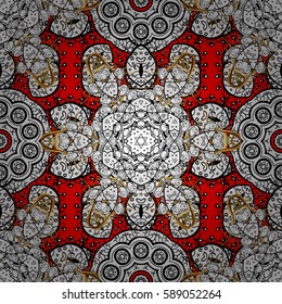 Golden element on red background. Seamless pattern. Damask background. Gold red floral ornament in baroque style. Golden floral wallpaper.