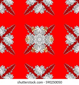 Golden element on red background. Damask seamless pattern repeating background. Antique golden repeatable wallpaper. Gold red floral ornament in baroque style.