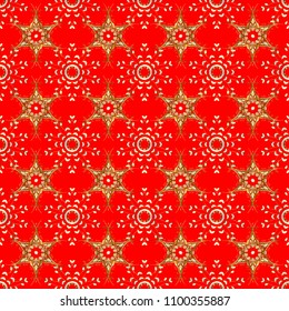Golden element on red, white and brown colors. Golden floral ornament in baroque style. Antique golden repeatable wallpaper. Damask seamless pattern repeating background.