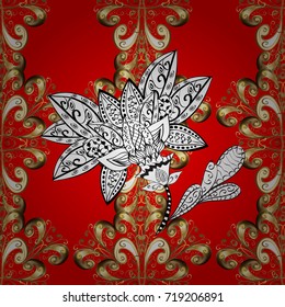 Golden element on red, white and brown colors. Damask ornamental pattern repeating background. Gold Wallpaper on texture background. Gold red, white and brown floral ornament in baroque style.