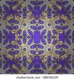 Golden element on violet background. Gold violet floral ornament in baroque style. Damask seamless pattern repeating background. Gold Wallpaper on texture background.