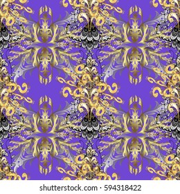 Golden element on violet background. Antique golden repeatable wallpaper. Golden violet floral ornament in baroque style. Damask seamless pattern repeating background.