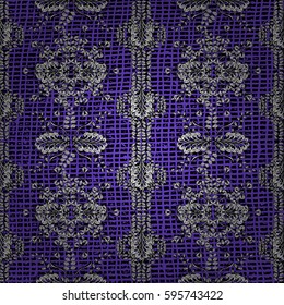 Golden element on violet background. Gold Wallpaper on texture background. Gold violet floral ornament in baroque style. Damask seamless pattern repeating background.
