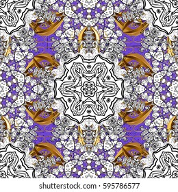 Golden element on violet background. Gold violet floral ornament in baroque style. Golden floral wallpaper. Seamless pattern. Damask background.