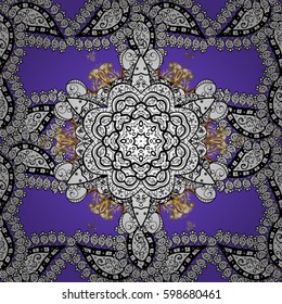 Golden element on violet background. Gold violet floral ornament in baroque style. Damask seamless pattern repeating background. Gold Wallpaper on texture background.