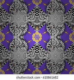 Golden element on violet background. Damask background. Gold violet floral ornament in baroque style. Seamless pattern. Golden floral wallpaper.