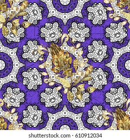 Golden element on violet background. Ornate vector decoration. Vintage baroque floral seamless pattern in gold over violet. Luxury, royal and Victorian concept.