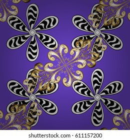 Golden element on violet background. Gold violet floral ornament in baroque style. Seamless pattern. Damask background. Golden floral wallpaper.