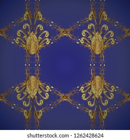 Golden element on a violet, blue and yellow colors. Gold floral ornament in baroque style. Golden floral seamless pattern. Damask background.