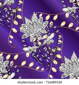 Golden element on violet, white and purple colors. Damask pattern repeating background. Antique golden repeatable wallpaper. Golden violet, white and purple floral ornament in baroque style.