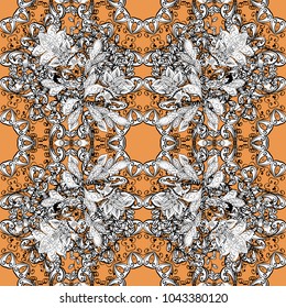 Golden element on white, orange and black colors. Luxury, royal and Victorian concept. Ornate vector decoration. Vintage baroque floral seamless pattern in gold over white, orange and black.