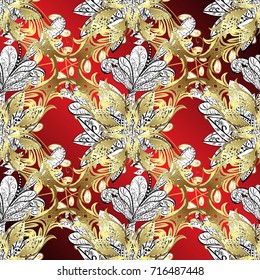 Golden element on white, red and neutral colors. Gold white, red and neutral floral ornament in baroque style. Damask ornamental pattern repeating background. Antique golden repeatable wallpaper.