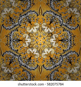 Golden element on yellow background. Damask repeating background. Antique golden repeatable wallpaper. Gold yellow floral ornament in baroque style.