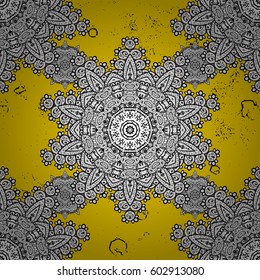 Golden element on yellow background. Vector line art border for design template. Golden outline floral decor. Vector illustration for invitations, thank you message, web page. Eastern style element