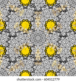 Golden element on yellow background. Damask pattern repeating background. Antique golden repeatable wallpaper. Gold yellow floral ornament in baroque style.