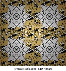 Golden element on a yellow background. Gold floral ornament in baroque style. Damask background. Golden floral.