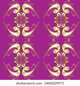 Golden element on yellow, beige and purple colors. Gold Wallpaper on texture background. Gold floral ornament in baroque style. Damask seamless repeating background.