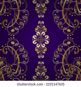 Golden element on yellow, blue and beige colors. Line art seamless border for design template. Eastern style element. Vector illustration for invitations, cards, web page. Golden outline floral decor.