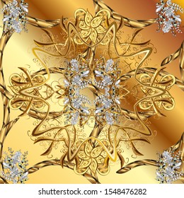 Golden element on yellow and brown colors. Golden floral ornament in baroque style. Antique golden repeatable wallpaper. Damask seamless pattern repeating background.