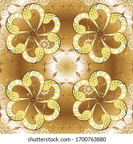 Golden element on yellow and brown colors. Luxury, royal and Victorian concept. Vintage baroque floral pattern in gold over yellow and brown. Ornate vector decoration.