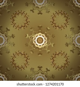 Golden element on yellow and neutral colors. Gold floral ornament in baroque style. Damask seamless repeating pattern. Antique golden repeatable wallpaper.