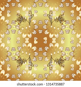 Golden element on yellow and neutral colors. Damask seamless repeating pattern. Antique golden repeatable wallpaper. Gold floral ornament in baroque style.