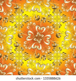 Golden element on yellow and orange colors. Vector illustration for invitations, cards, web page. Eastern style element. Line art seamless border for design template. Golden outline floral decor.