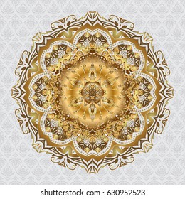 Golden elements. Abstract vector decorative ethnic mandala sketchy seamless pattern. Gray background.