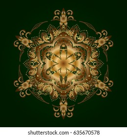 Golden elements. Abstract vector decorative ethnic mandala sketchy seamless pattern. Green background.