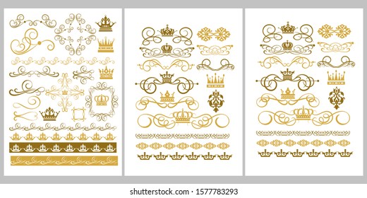 Golden Elements of Design: Borders, Crowns, Frames, Swirl, Scroll. Vector Image