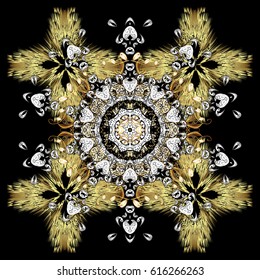 Golden elements with doodles. Black snowflakes and dots on black background. Vector abstract design in black colors.